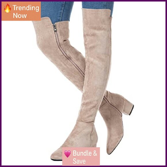 Women's Suede Over Knee Boots Low Block Heel Square Toe Winter Comfort - Picture 4 of 8